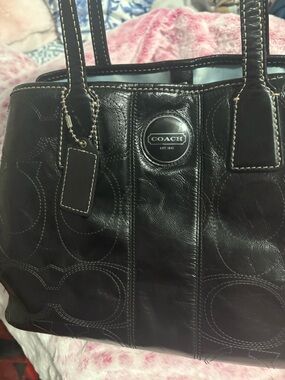 Coach Black Leather Signature Tote with Medallion